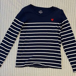 J. Crew Navy and White Striped Long Sleeve Top with Red Accent